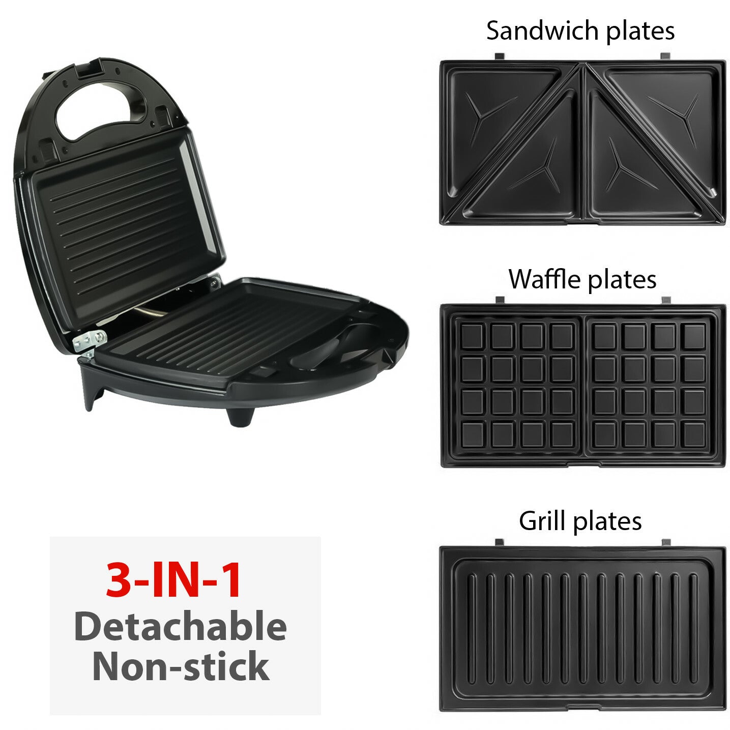 3 in 1 Sandwich Toaster & Waffle Maker 750W Panini Press Toaster Iron Grilled