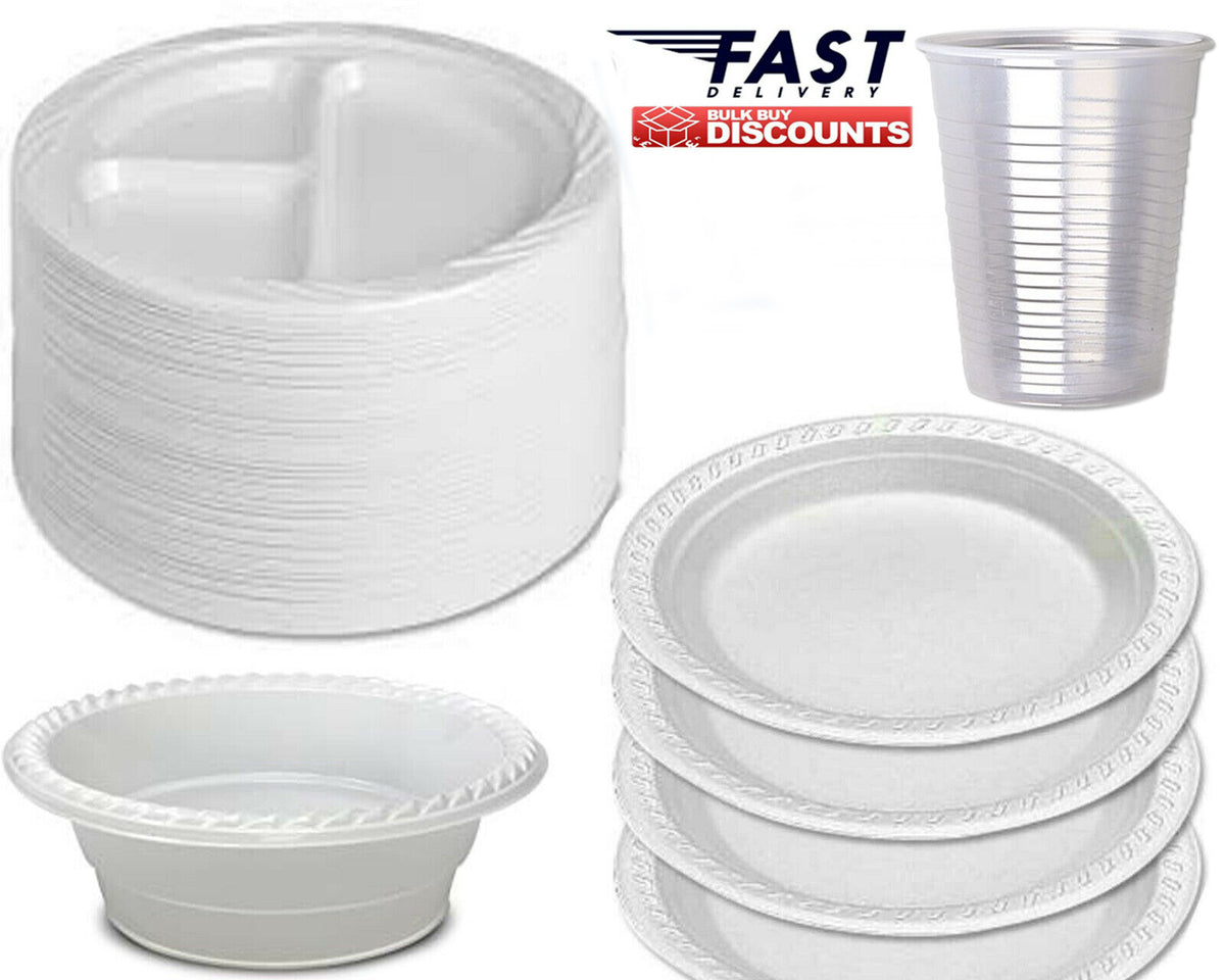 STRONG DISPOSABLE PLASTIC PLATES BOWLS WHITE round PLATE for PARTY CATERING