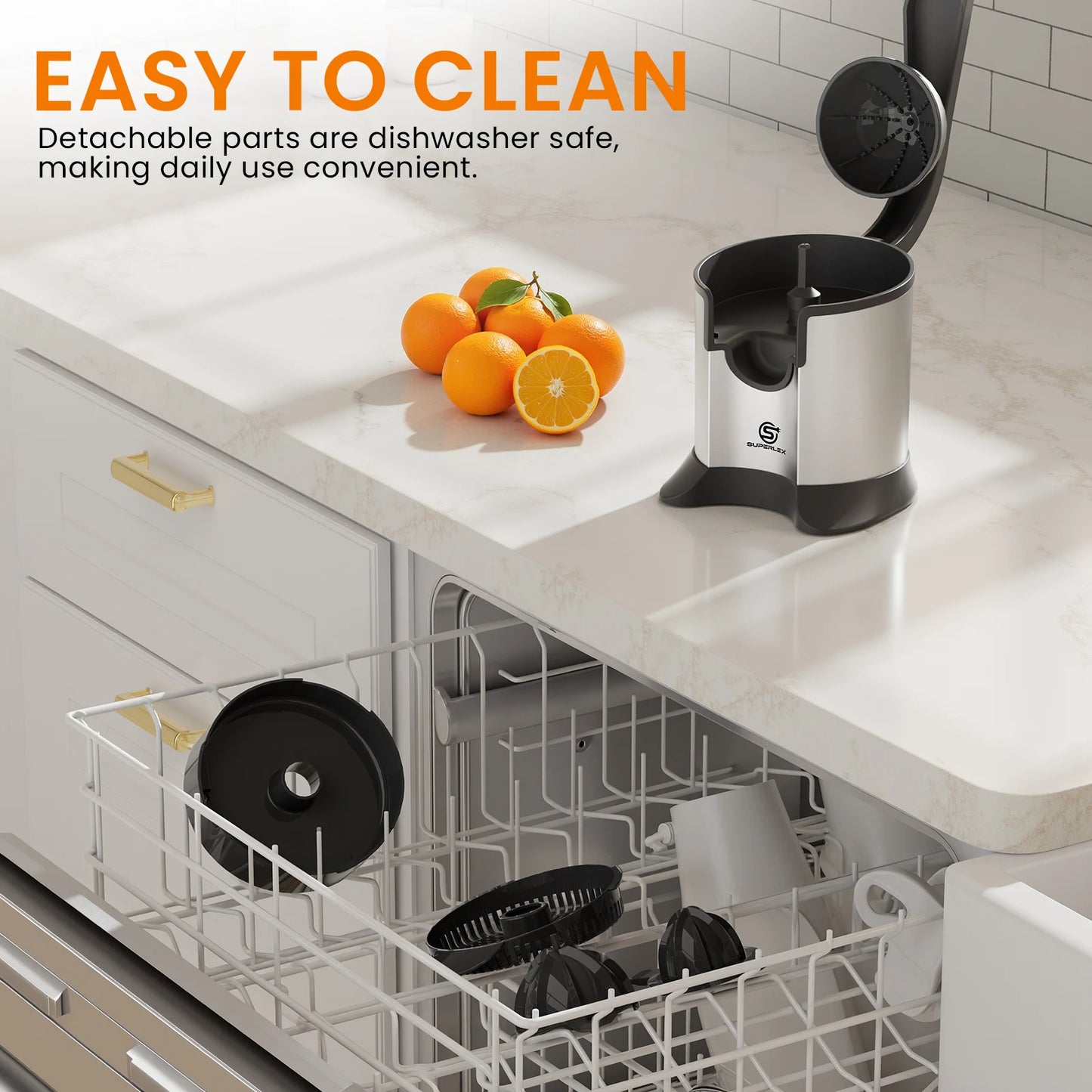 SUPERLEX Electric Citrus Juicer 60W Stainless Steel Orange Squeezer, Lever Press Juicer Machine with 2 Size Juicing Cones, Anti-Drip Spout, Easy Clean for Orange Lemon Lime Grapefruit Citrus Fruits