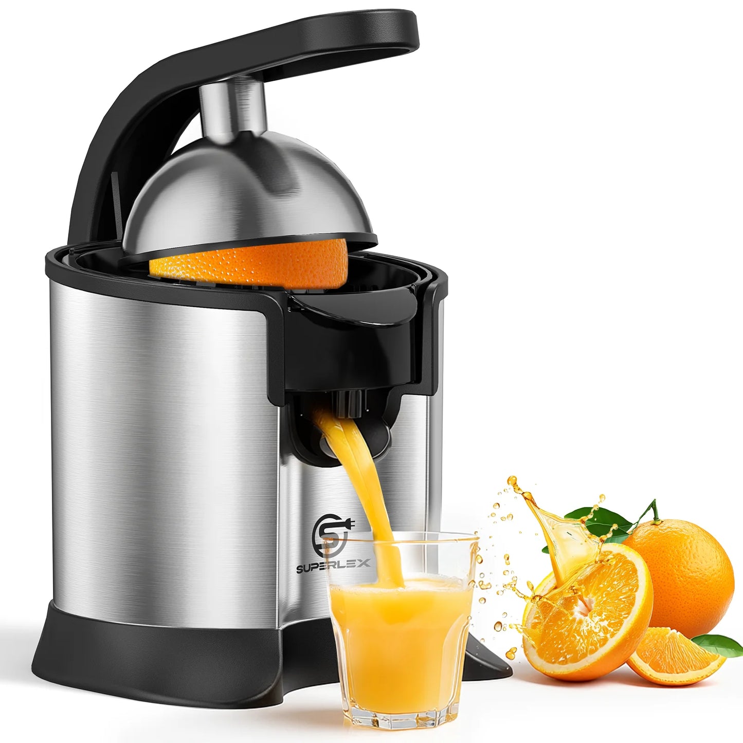 SUPERLEX Electric Citrus Juicer 60W Stainless Steel Orange Squeezer, Lever Press Juicer Machine with 2 Size Juicing Cones, Anti-Drip Spout, Easy Clean for Orange Lemon Lime Grapefruit Citrus Fruits