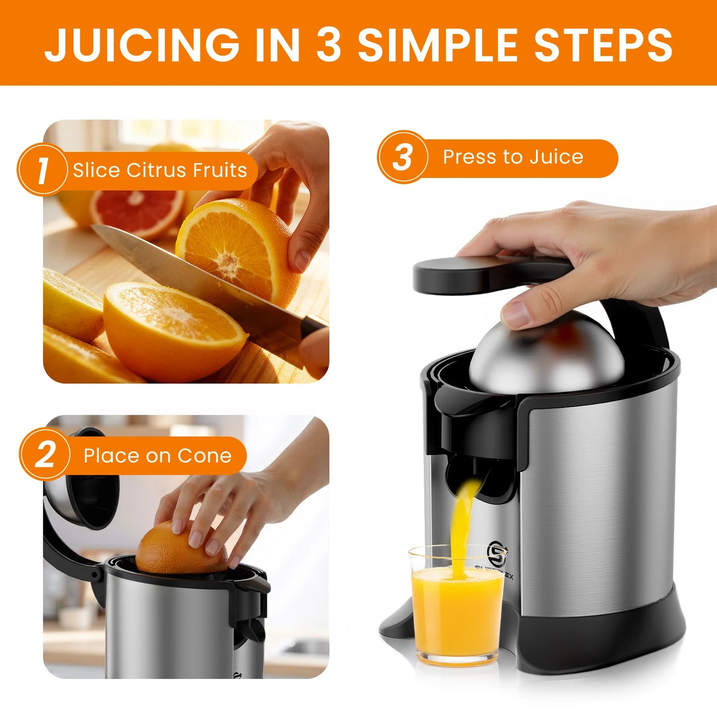 SUPERLEX Electric Citrus Juicer 60W Stainless Steel Orange Squeezer, Lever Press Juicer Machine with 2 Size Juicing Cones, Anti-Drip Spout, Easy Clean for Orange Lemon Lime Grapefruit Citrus Fruits