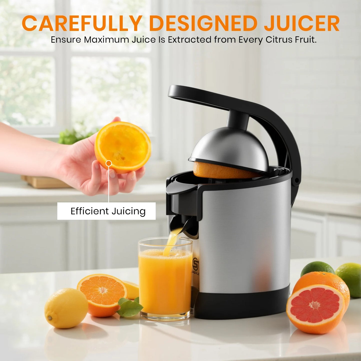 SUPERLEX Electric Citrus Juicer 60W Stainless Steel Orange Squeezer, Lever Press Juicer Machine with 2 Size Juicing Cones, Anti-Drip Spout, Easy Clean for Orange Lemon Lime Grapefruit Citrus Fruits