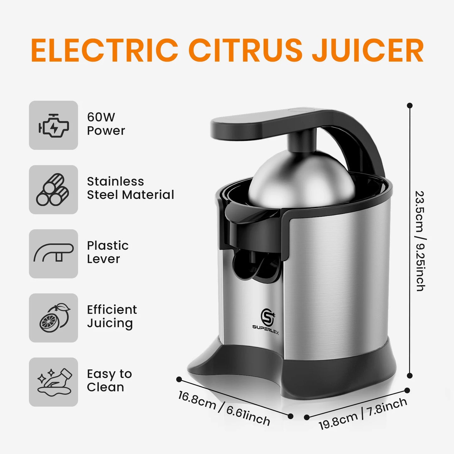 SUPERLEX Electric Citrus Juicer 60W Stainless Steel Orange Squeezer, Lever Press Juicer Machine with 2 Size Juicing Cones, Anti-Drip Spout, Easy Clean for Orange Lemon Lime Grapefruit Citrus Fruits