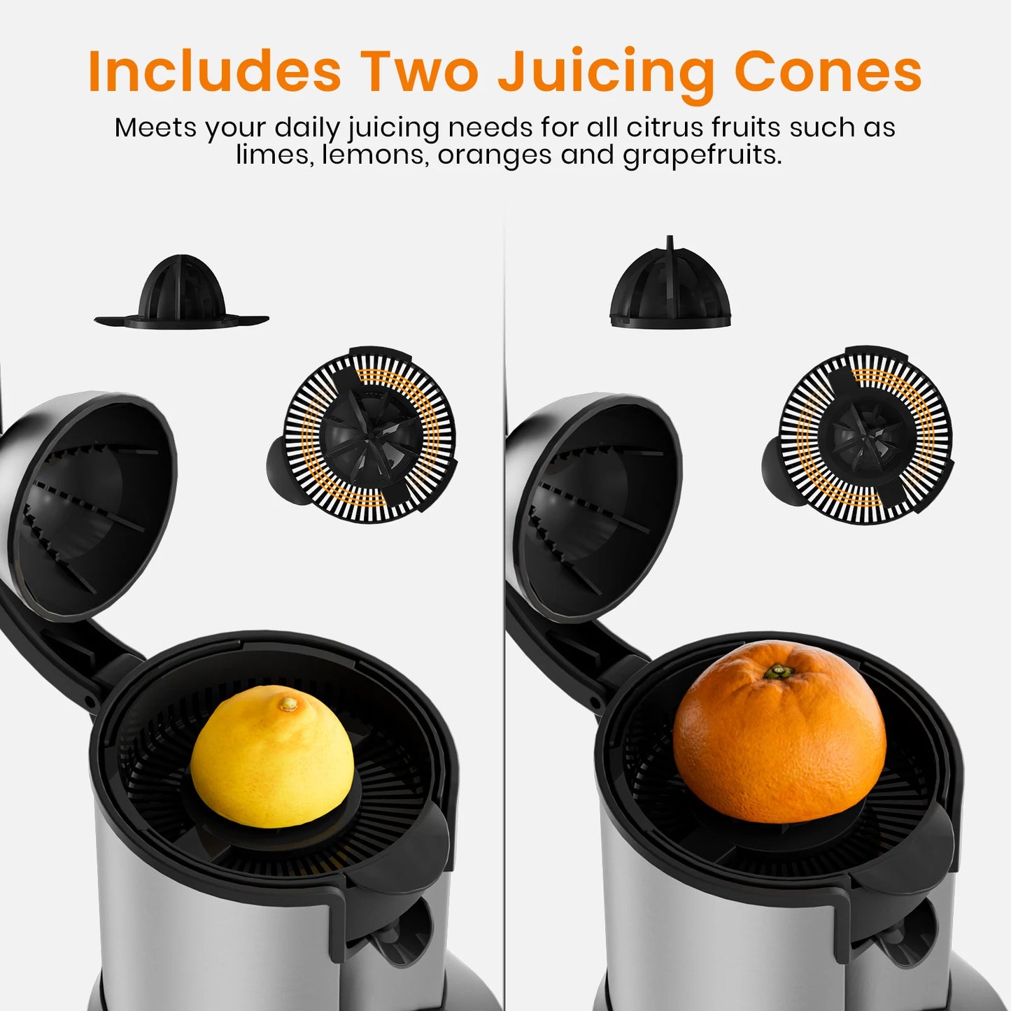 SUPERLEX Electric Citrus Juicer 60W Stainless Steel Orange Squeezer, Lever Press Juicer Machine with 2 Size Juicing Cones, Anti-Drip Spout, Easy Clean for Orange Lemon Lime Grapefruit Citrus Fruits