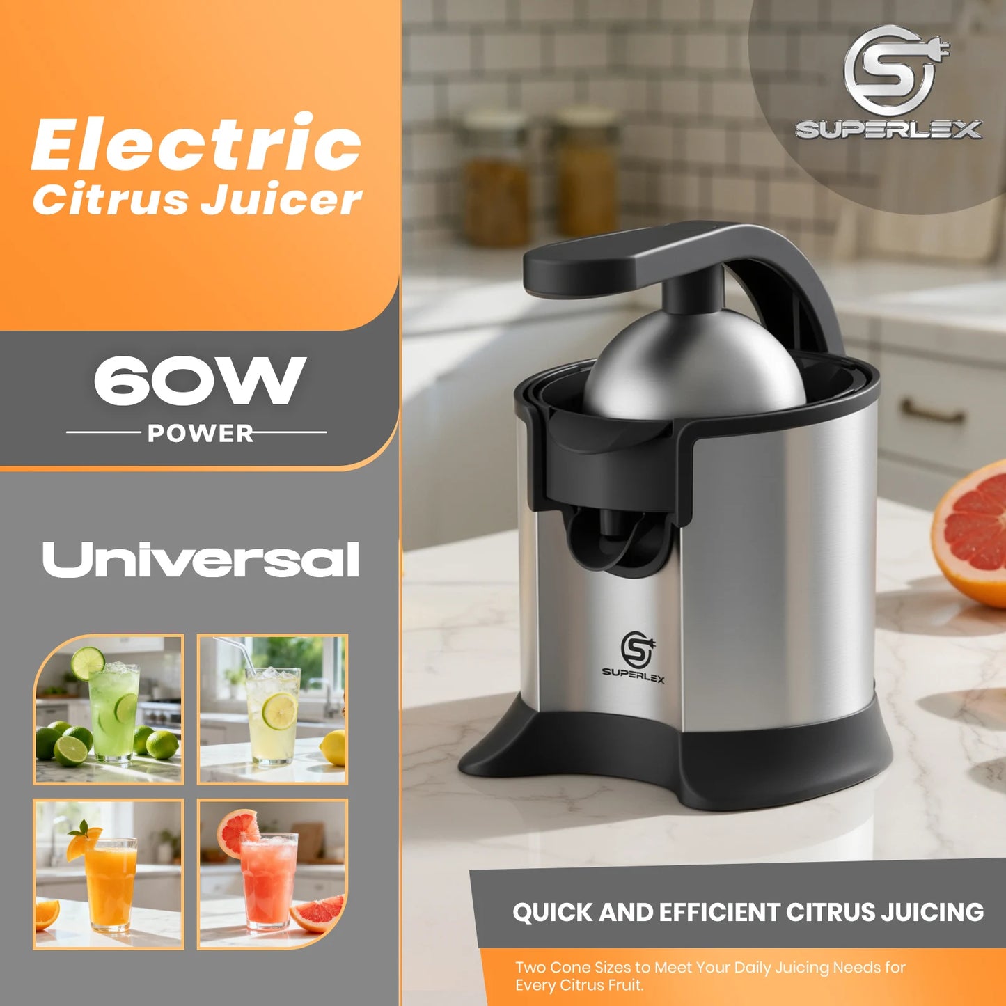 SUPERLEX Electric Citrus Juicer 60W Stainless Steel Orange Squeezer, Lever Press Juicer Machine with 2 Size Juicing Cones, Anti-Drip Spout, Easy Clean for Orange Lemon Lime Grapefruit Citrus Fruits