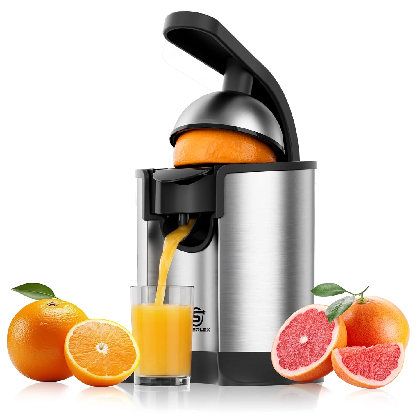 SUPERLEX Electric Citrus Juicer 60W Stainless Steel Orange Squeezer, Lever Press Juicer Machine with 2 Size Juicing Cones, Anti-Drip Spout, Easy Clean for Orange Lemon Lime Grapefruit Citrus Fruits
