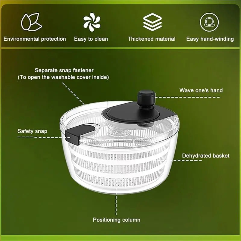 Fruit And Veggie Dryer Salad Spinner Hand Dehydrator, Clear Bowl With Built-In Strainer, Easy To Clean Kitchen Tool