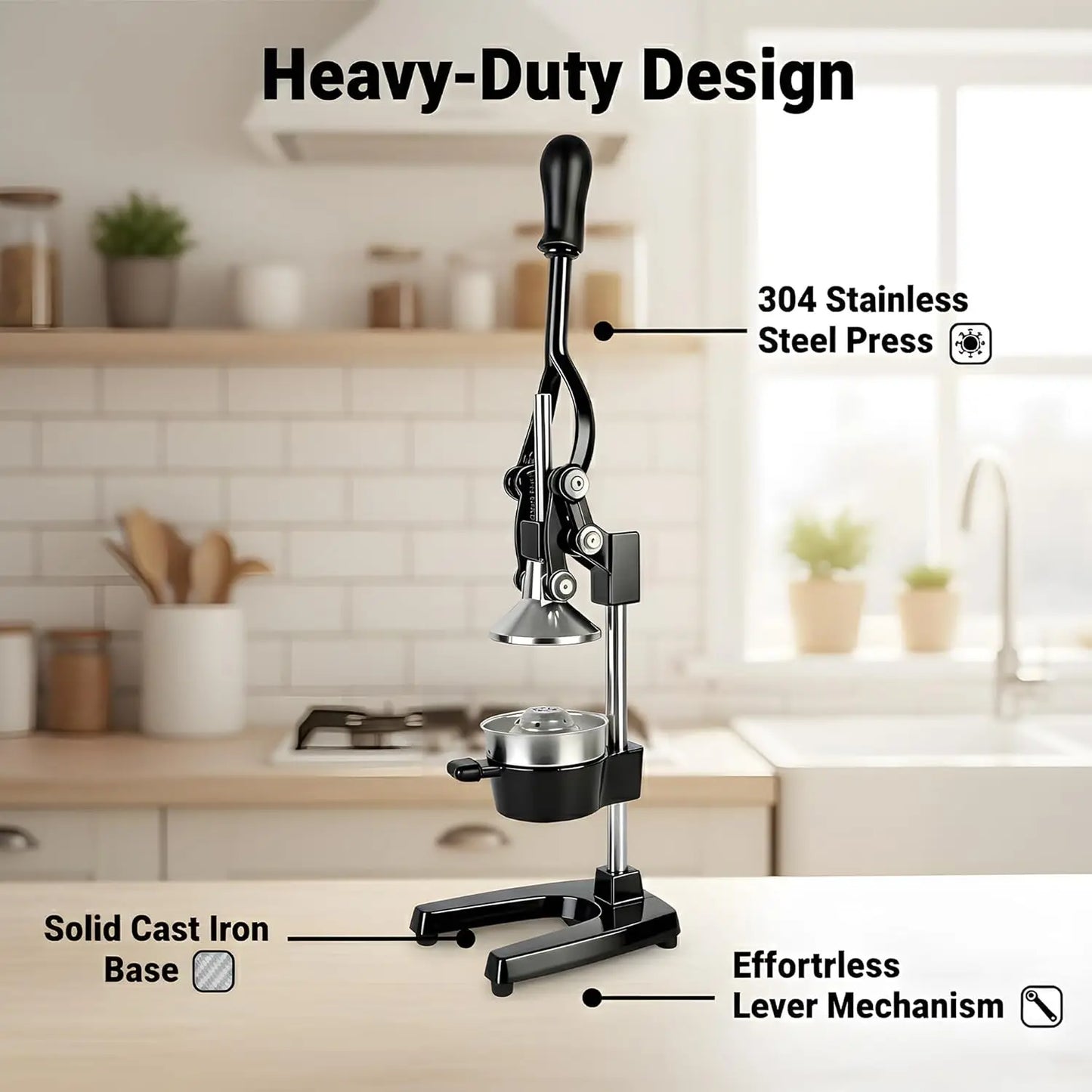 SAEIV Cast Iron Manual Juicer Lemon Squeezer Heavy Duty 304 Stainless Steel Fruit Press Professional Citrus Juicer Cold Press Design For Lemon Orange Lime Grapefruit Pomelo Dimension 17x21x40cm Black